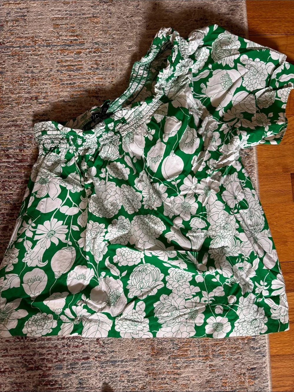 J. Crew Green and White Floral Off-Shoulder Blouse